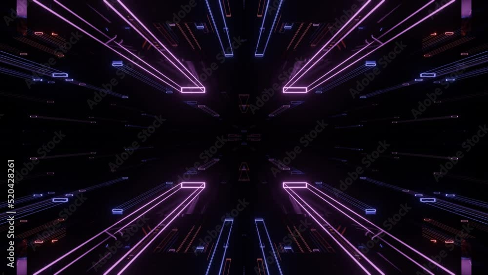 Poster fly through symmetrical tunnel with neon glow 3d objects, sci fi glow pattern. bright reflection neo