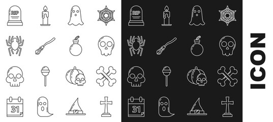 Set line Tombstone with cross, Crossed bones, Skull, Ghost, Witches broom, Spider, RIP and Bomb ready explode icon. Vector