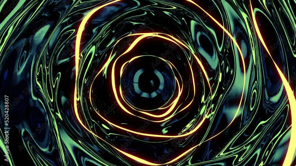 Poster tunnel with liquid walls and reflection. design. liquid mirror 3d tunnel with neon lines. luminous r