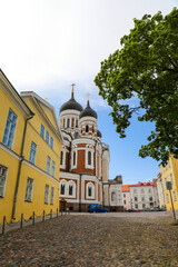 View of Aleksander Nevsky Cathedral down the street in Tallinn - obrazy, fototapety, plakaty