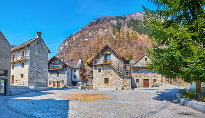 Panorama of stone Er Piazza in Sonogno, Valle Verzasca, Switzerland