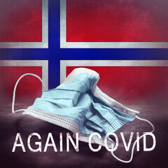 Inscription Again Covid and a crumpled medical mask on the flag of Norway. Return of the...