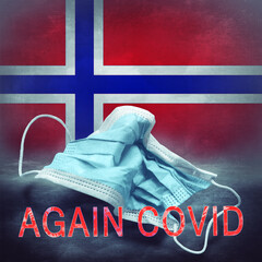 Lettering Again Covid and a crumpled medical mask on the flag of Norway. Return of the coronavirus....