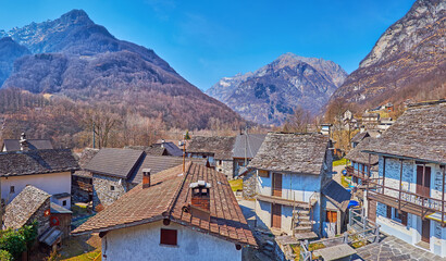 Panorama of Frasco and Alps, Valle Verzasca, Switzerland