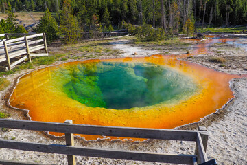 Detail high angle shot of Morning Glory Pool in Yellowstone National Park, Wyoming, USA.