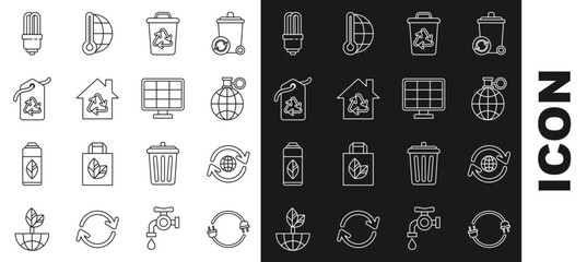 Set line Electric plug, Planet earth and a recycling, Recycle bin with recycle symbol, Eco House, Tag, LED light bulb and Solar energy panel icon. Vector