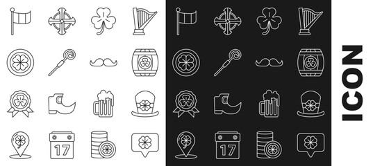 Set line Four leaf clover in speech bubble, Leprechaun hat and four, Wooden barrel with, Walking stick, Gold coin, National Ireland flag and Mustache icon. Vector