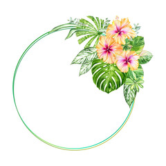 Watercolor floral round frame with exotic flowers and leaves. Tropical background for banners, postcards, wedding stationary, greetings, backgrounds, textiles , DIY, wrapping paper