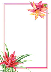 Watercolor floral rectangle frame with exotic flowers and leaves. Tropical background for banners, postcards, wedding stationary, greetings, backgrounds, textiles , DIY, wrapping paper