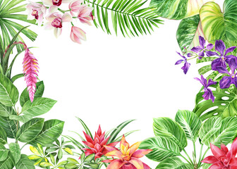 Watercolor floral rectangle frame with exotic flowers and leaves. Tropical background for banners, postcards, wedding stationary, greetings, backgrounds, textiles , DIY, wrapping paper