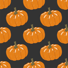 Vector pattern of pumpkins on a black background, seamless print. Trendy autumn colors, pumpkin illustrations. Flat design, cartoon.