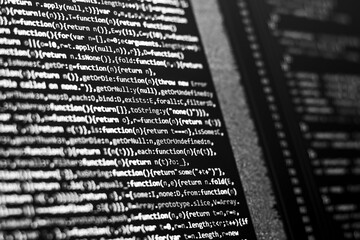 The software developer does the coding. Black and white Abstract code screen for use as Background. The programmer does web coding. Selective focus