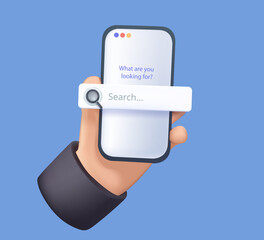Mobile search, Searching on internet with smartphone. Search bar 3D icon render. UI UX interface app. Search Address 3D