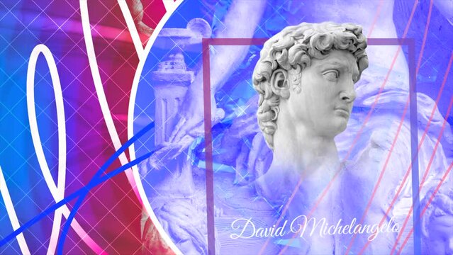 Blue and red background. Motion.Antique art, Michelangelo's David sculpture in animation with multicolored patterns nearby.