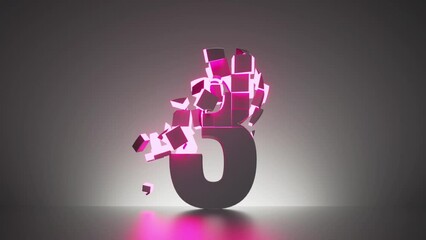 animated 3d countdown from one to ten, numbers crumble into cubic particles glowing with pink neon and falling down