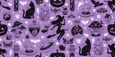 Halloween seamless pattern. Vector background with pumpkin cat witch hat potion. Cute autumn design. Black spooky wallpaper illustration. Scary holiday horror sketch art. Magic halloween pattern print