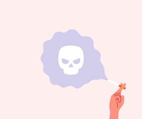 hand holding a cigarette and clouds of smoke with skull vector illustration