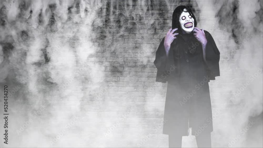 Canvas Prints zombie in front of brick wall in the fog 4k features a jittery zombie character standing in front of