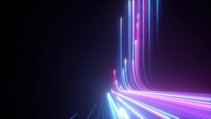 3d animation, abstract black background with pink blue neon lines go up and disappear - Powered by Adobe