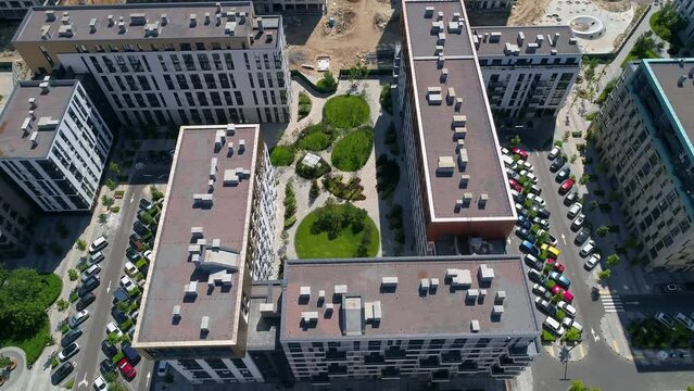 Drone aerial view modern building Residential complex Faina Town. Construction of residential premises. Kyiv capital of Ukraine