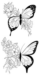 Butterfly with pretty flowers outline vector SVG black and white line art