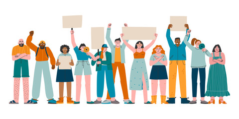 People protest. Shouting into the loudspeaker. Flat design colorful illustration isolated on white.
