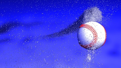 White-red Baseball with diamond splash particles under blue-black lighting background. 3D illustration. 3D high quality rendering. 3D CG.