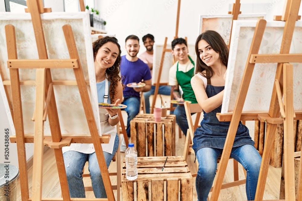 Poster group of draw students smiling happy drawing at art studio.