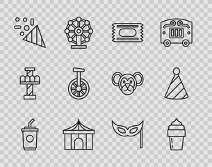 Set line Paper glass with water, Ice cream, Circus ticket, tent, Festive confetti, Unicycle or one wheel bicycle, mask and Party hat icon. Vector © Oksana
