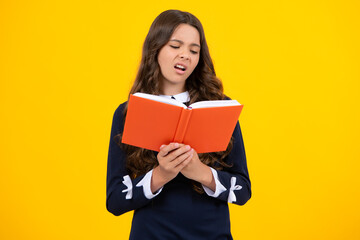 Angry teenager girl, upset and unhappy negative emotion. Teenager school girl study with books. Learning knowledge and kids education concept.
