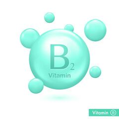 Vitamin B2 shining pill capsule icon. Vitamin complex with group B Riboflavin. Round substance drop. Meds for heath ads. Vector illustration