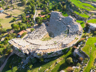Drone photo of remains of Altinkaya Amphitheater. Roman theatre of Selge, Antalya Province, Turkey.