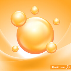 Water bubbles on orange background. Vitamin complex for beauty treatment nutrition skin care. Medical and scientific concept design. 3d realistic vector EPS10