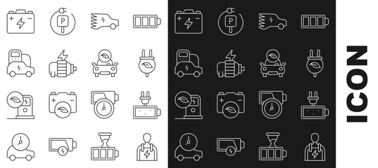 Set line Car mechanic, Battery charge, Electric saving plug in leaf, car, motor, battery and Eco icon. Vector