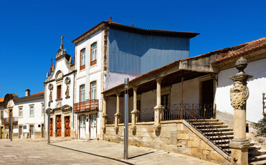 Fototapeta na wymiar Old buildings along Mirandela city streets. Municipality in northeastern Portugal.