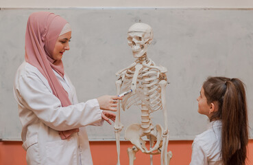 A Muslim female teacher teaches child students using the human body skeleton model to explain anatomy in biology class in the classroom lab.	