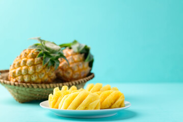 Fototapeta na wymiar Sliced pineapple fruit ready to eating on color background, Tropical fruit in summer season