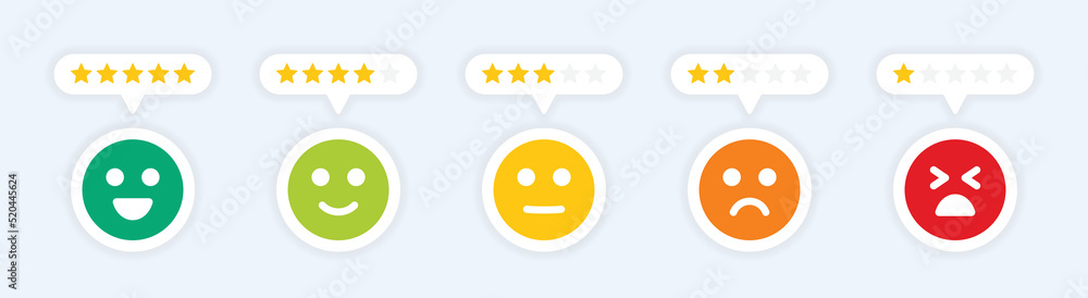 Poster satisfaction survey with emoticon giving good and bad feedback with stars ratings. vector icon banne