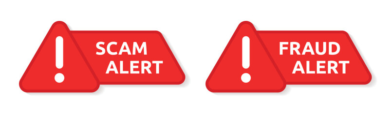 Scam alert vector sign and fraud alert red sticker for warning risk illustration. - obrazy, fototapety, plakaty