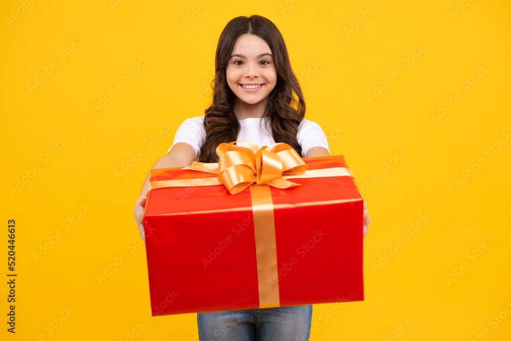 Canvas Prints happy teenager, positive and smiling emotions of teen girl. child with gift present box on isolated 