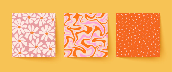 Set of cool groovy abstract backgrounds. Trendy Y2k backdrops. Vector hand drawn funky patterns.