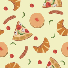 Seamless Pattern Breakfast Food Pizza Cake Sausage