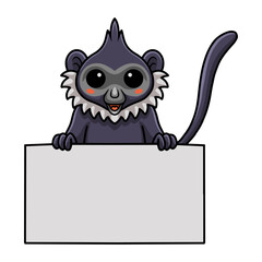 Cute delacour's langur cartoon holding blank sign