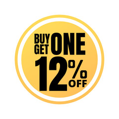 12% off, buy get one, online super discount yellow promotion button. Vector illustration, icon Twelve