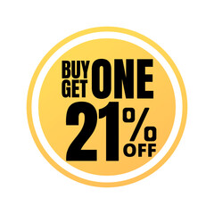 21% off, buy get one, online super discount yellow promotion button. Vector illustration, icon Twenty one