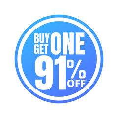 91% off, buy get one, online super discount blue button. Vector illustration, icon Ninety one