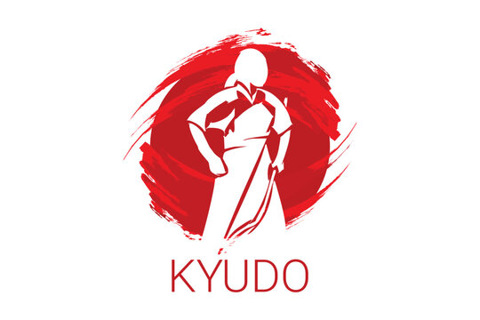 Japanese archery kyudo sport vector line icon. sportman, fighting stance. sport pictogram illustration.