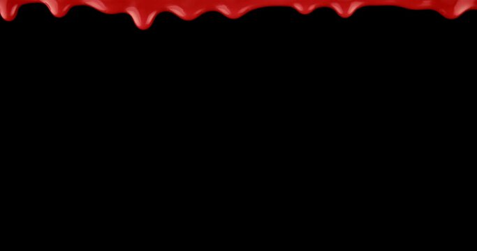 Spooky slow drip of bright red blood pouring over black background.