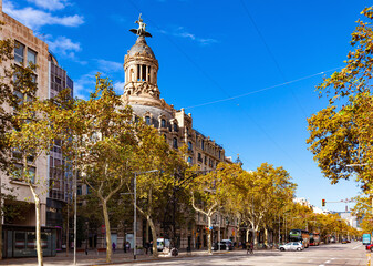 Passeig de Gracia street and The Union and the Phoenix building in Barcelona, Spain