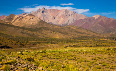 Andes mountains and Valle Hermoso valley near Las Lenas. Argentina, South America